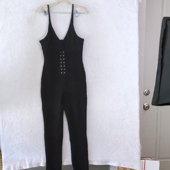 Forever 21 Womens Black Lace Up Sleeveless Stretch Jumpsuit Size XL‎ Tall - Picture 1 of 7